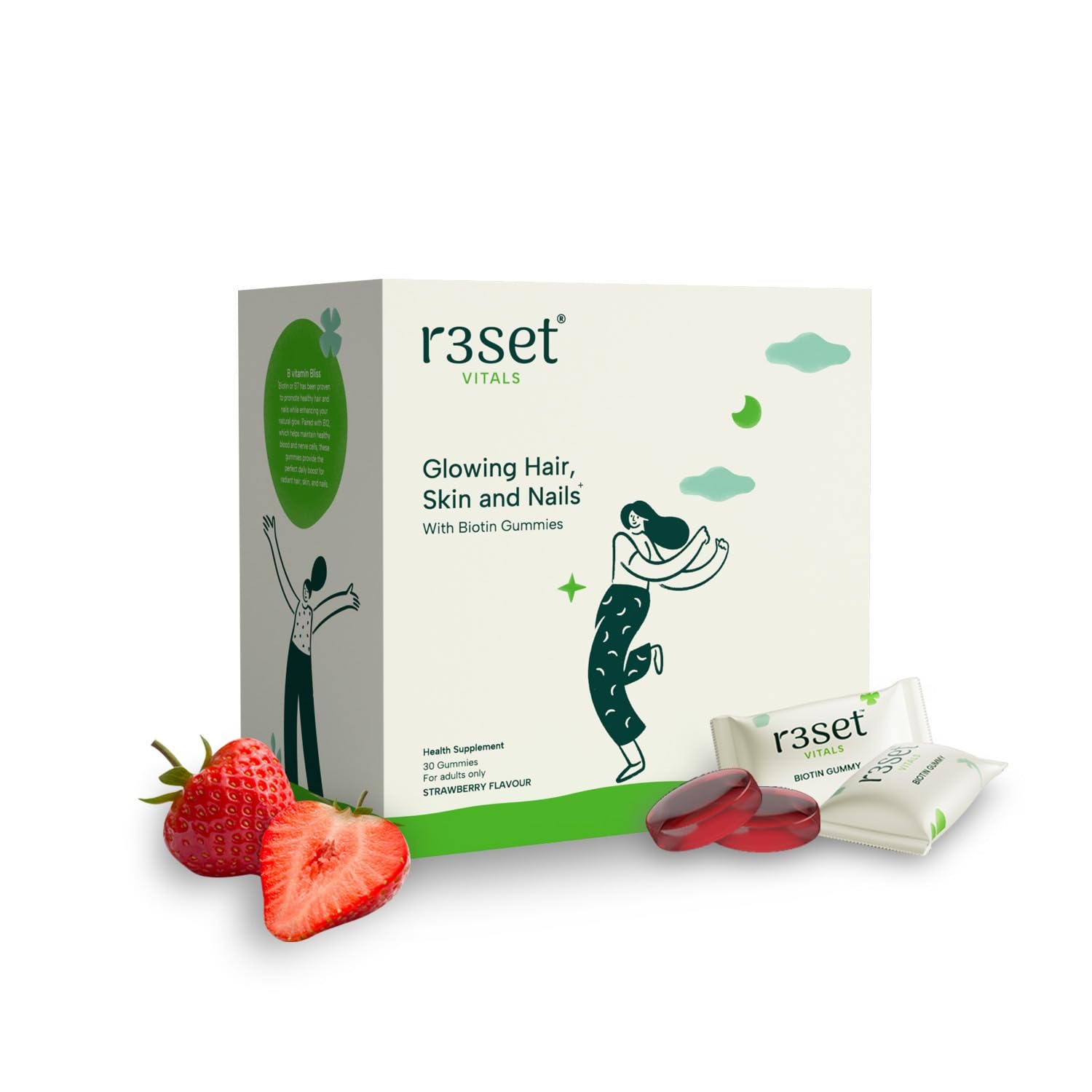 R3SET Biotin Gummies for Hair Growth | Reduce Hair Fall, Strengthen Nails & Glow Skin | 100% Vegetarian, Zero Sugar & Ge