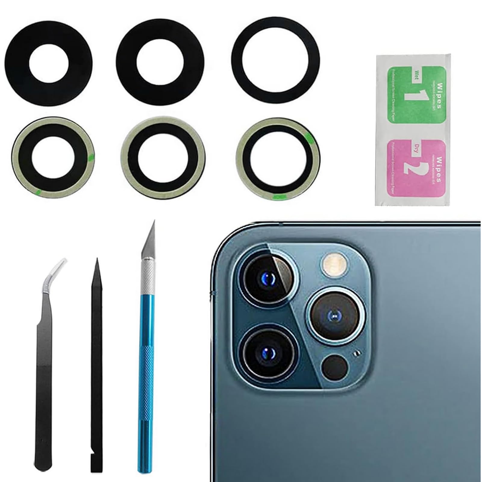 3pcs/Set Sapphire Rear Back Camera Glass Lens Replacement for iPhone 12 Pro Max with Pre-Installed Adhesive and Repair Tool kit Set