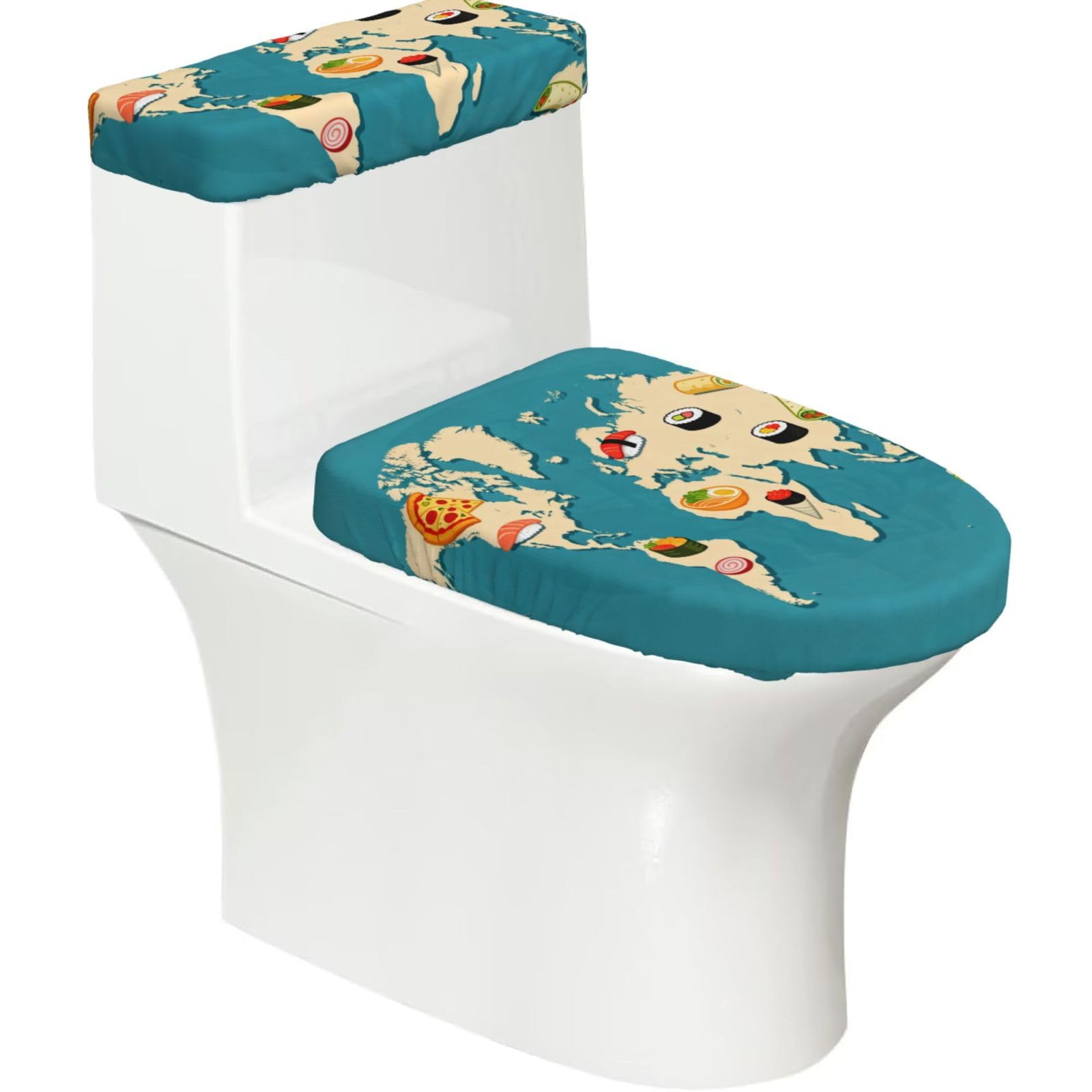 Cntdbu Black Food Map Elastic Toilet Cover Set Of 2-Stretchy Lid And Tank Covers For Bathroom, Soft Washable U Shape Toilet Decor