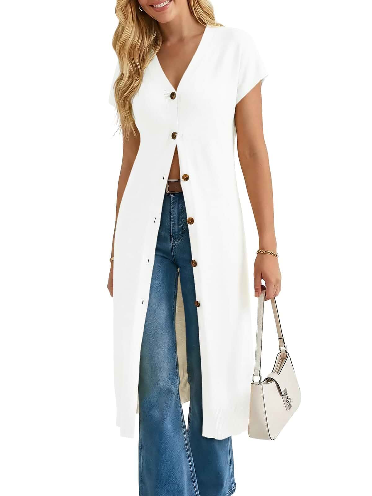 Saodimallsu Womens Long Cardigans Lightweight Short Sleeve Button V Neck Loose Knit Casual Summer Midi Sweater Dress