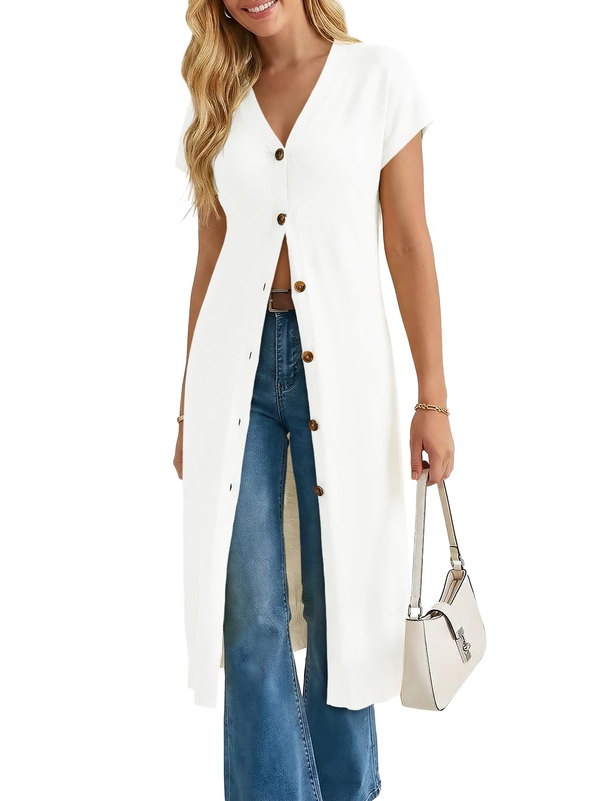 Womens Long Cardigans Lightweight Short Sleeve Button V Neck Loose Knit Casual Summer Midi Sweater Dress-image-45