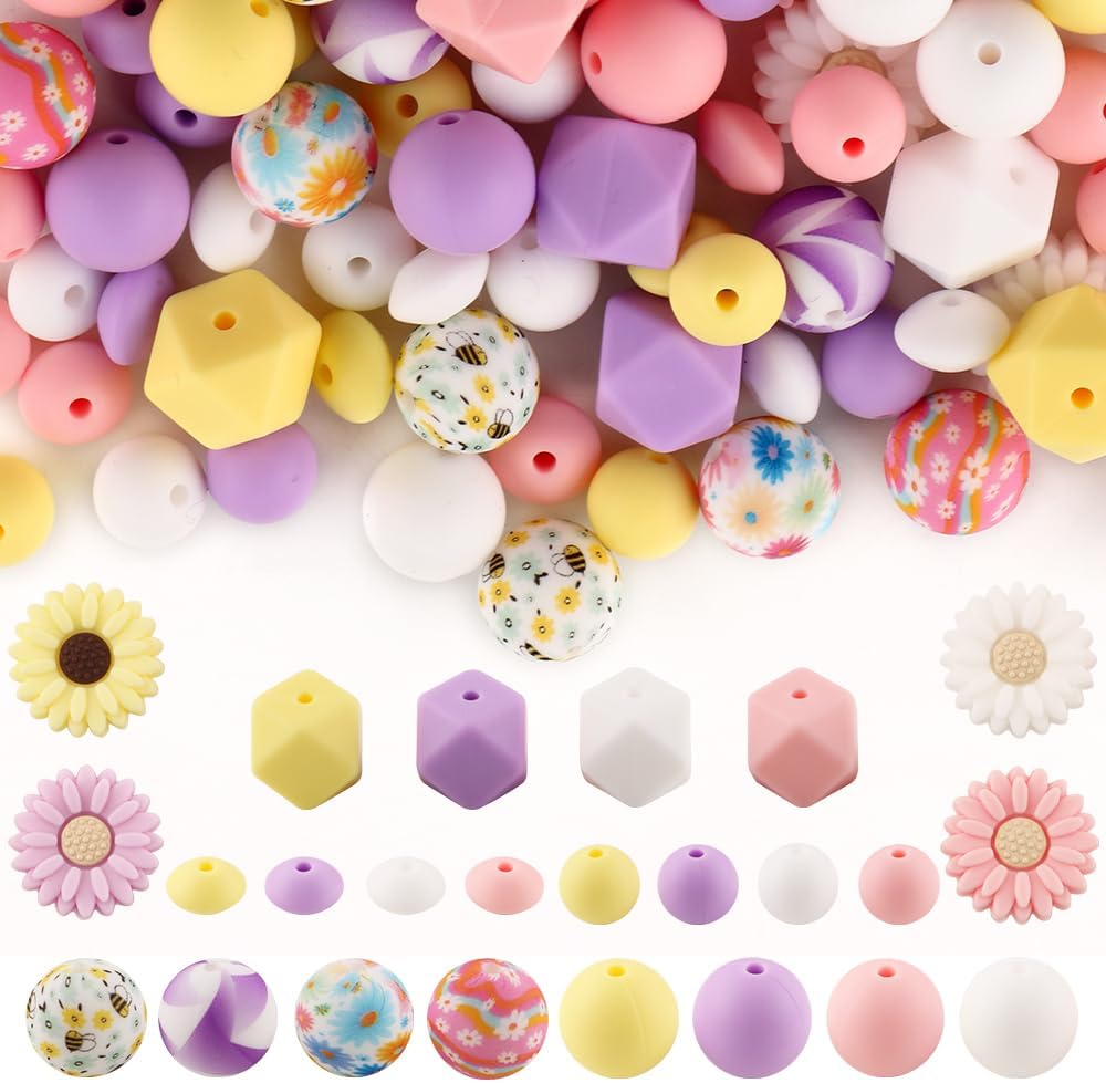 Sunrony 136Pcs Pink Purple Yellow Hexagon Lentil Print 12mm 14mm 15mm Silicone Beads for Keychain Making, 10mm Rhinestone Spacer Daisy Sunflower Silicone Focal Beads for Pens Crafts