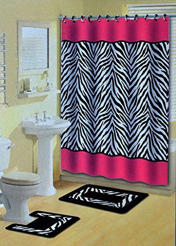Lexus Pink & Black Zebra 15-Piece Bathroom Accessory Set: 2 Bath Mats, Shower Curtain & 12 Fabric Covered Rings