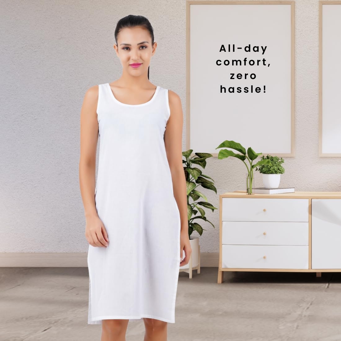 Happy Bunny Soft Cotton Knee Length Inner Slip for Women, Sleeveless Non-Stretch Camisole for Kurti, Dress & Chikankari Suit Lining, Fresh Guard Treated (MED, Blanco White) - Image 7 thumbnail