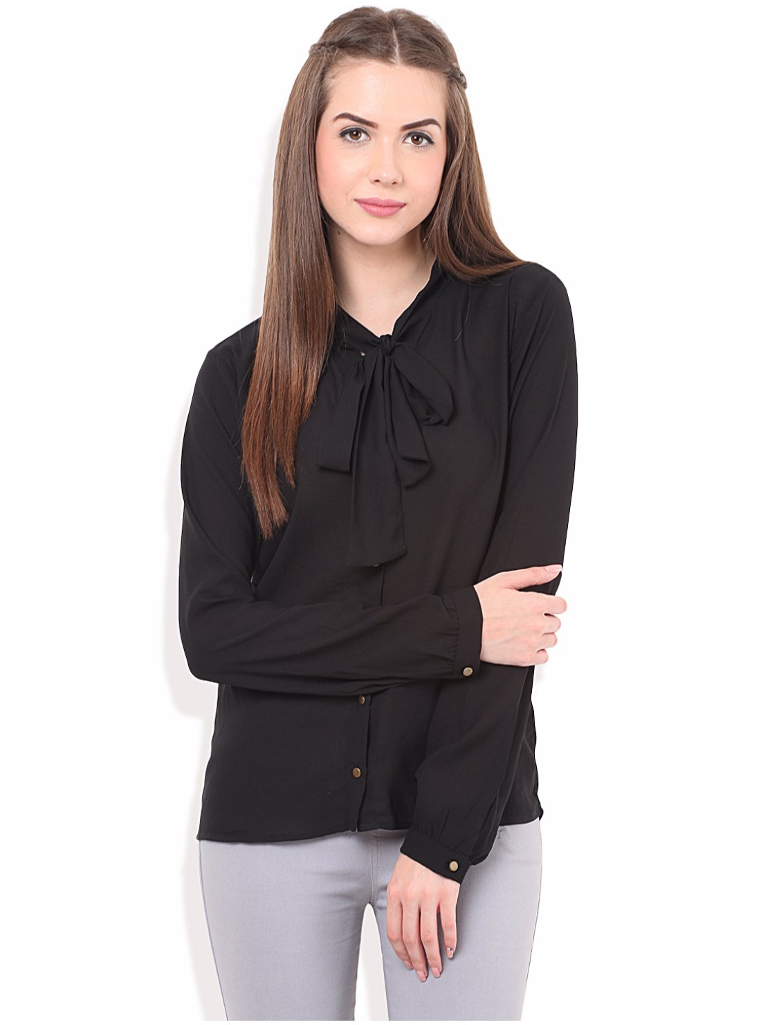 PORSORTEWomen's Formal Black Front Tie Knot Shirt