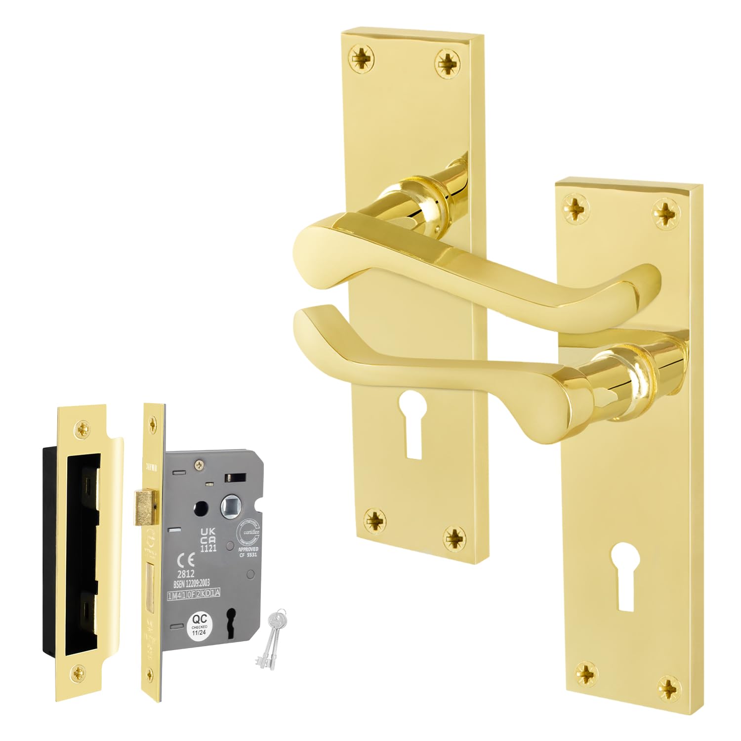 Eai Polished Brass Brass Victorian Scroll Lock Handle Set, 1 Pair Internal Lever Door Handles On Backplate And Lock 64Mm
