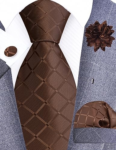 Image of GUSLESON 3.15 inch(8cm) Mens Tie and Lapel Pin Plaid Checkered Necktie Hankerchief Cufflinks Set for Men