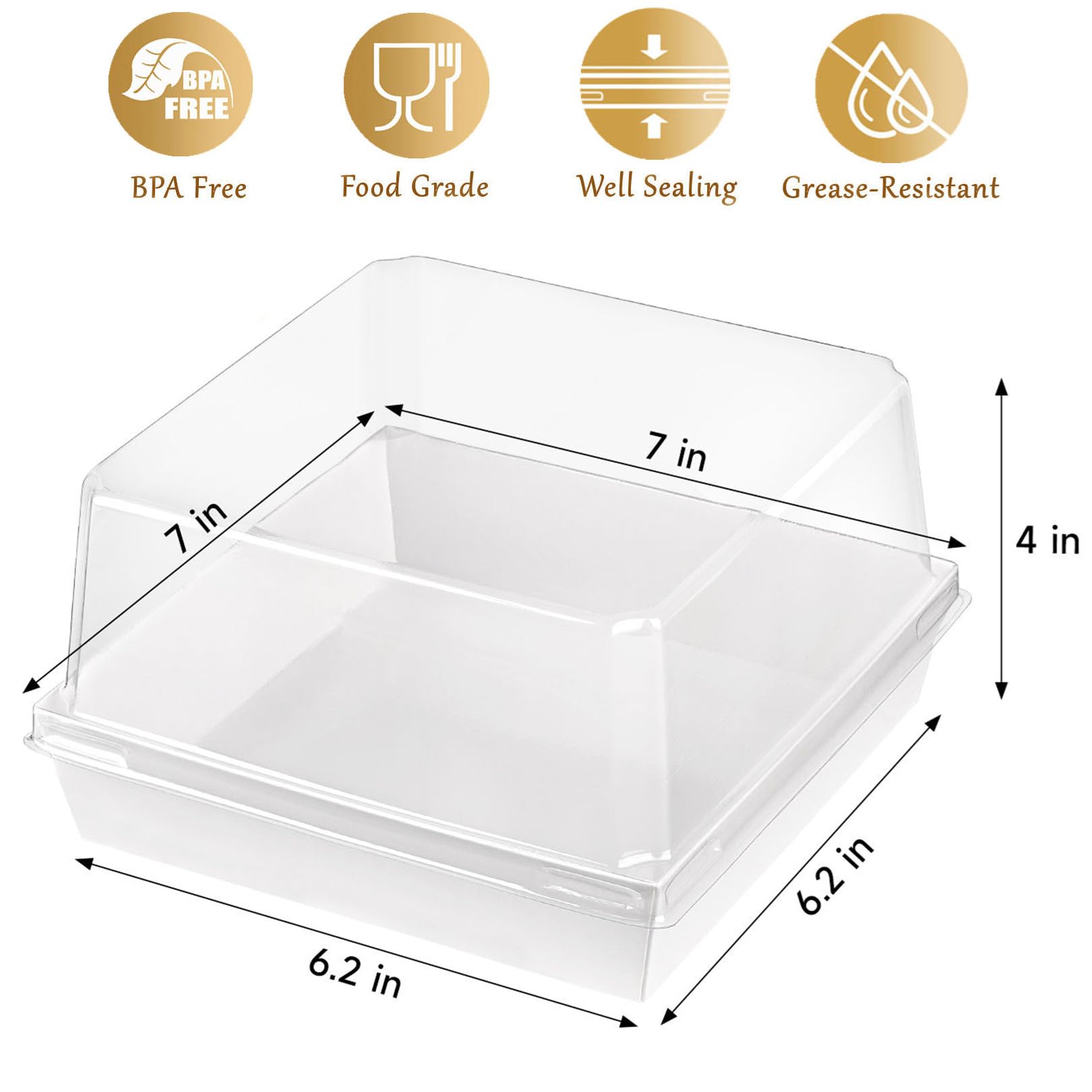 Ocmoiy Cajas para tartas con tapas transparentes de 7 x 7 x 4 pulgadas, cajas de embutidos desechables, cajas de panadería con ventana, recipientes de alimentos para llevar, para pasteles, cupcakes,