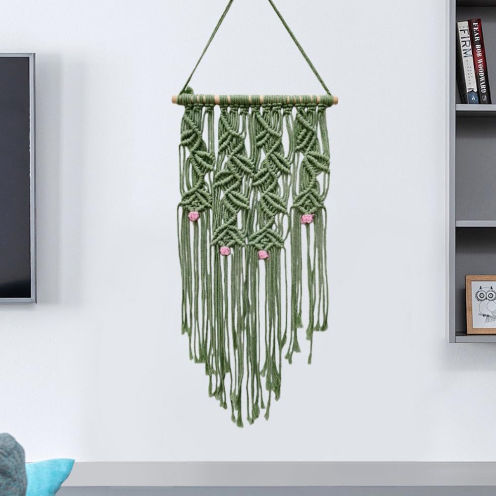 Arazzo da parete in macramè in corda di cotone, 85 x 30 cm, stile boho, con asta di legno, decorazione da parete per camera da letto, soggiorno, appartamento, tenda da parete, 2 pezzi, verde