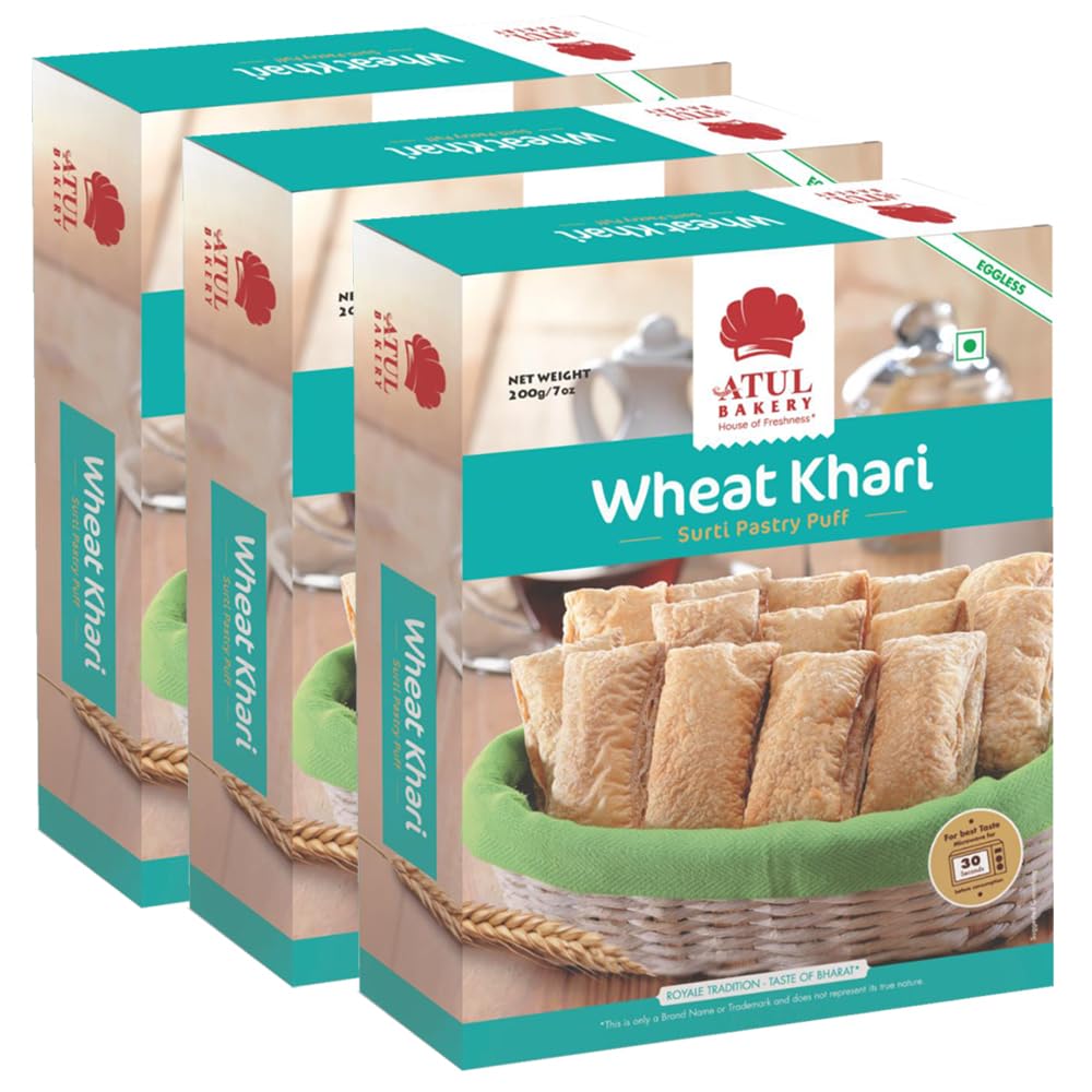 GenericAtul Bakery Khari (200 Gram) - Puff Pastry, Namkeen Snacks, Family Pack, Cookies - Crunchy Tea Time Snack Biscuits (Pack of 3, Khari Wheat)