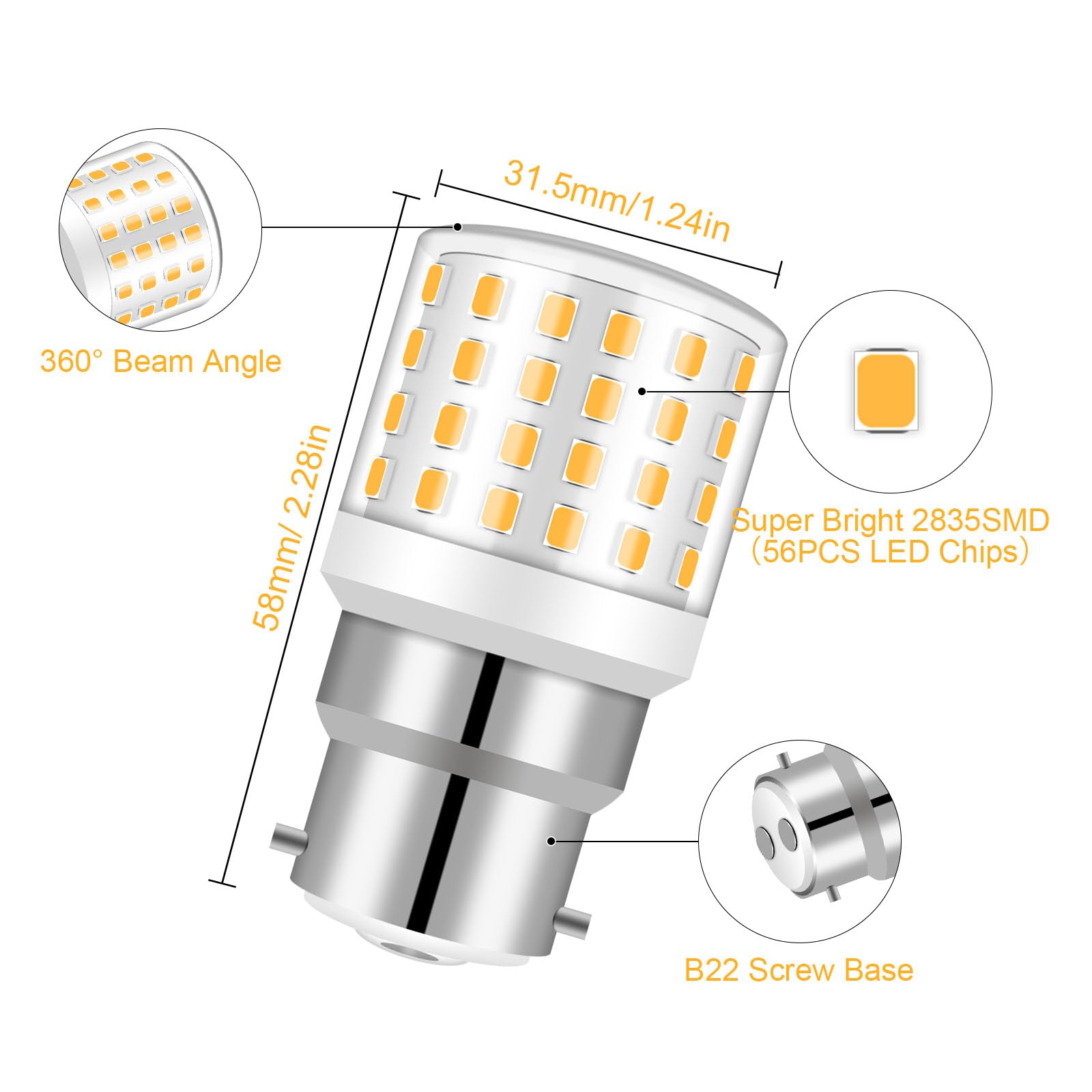 TRIJZHOU B22 LED Bayonet Light Bulbs Equivalent 60W, Warm White 3000K B22 Bayonet Lamp 6W, 806 Lumens, Non-Dimmable - Image 4