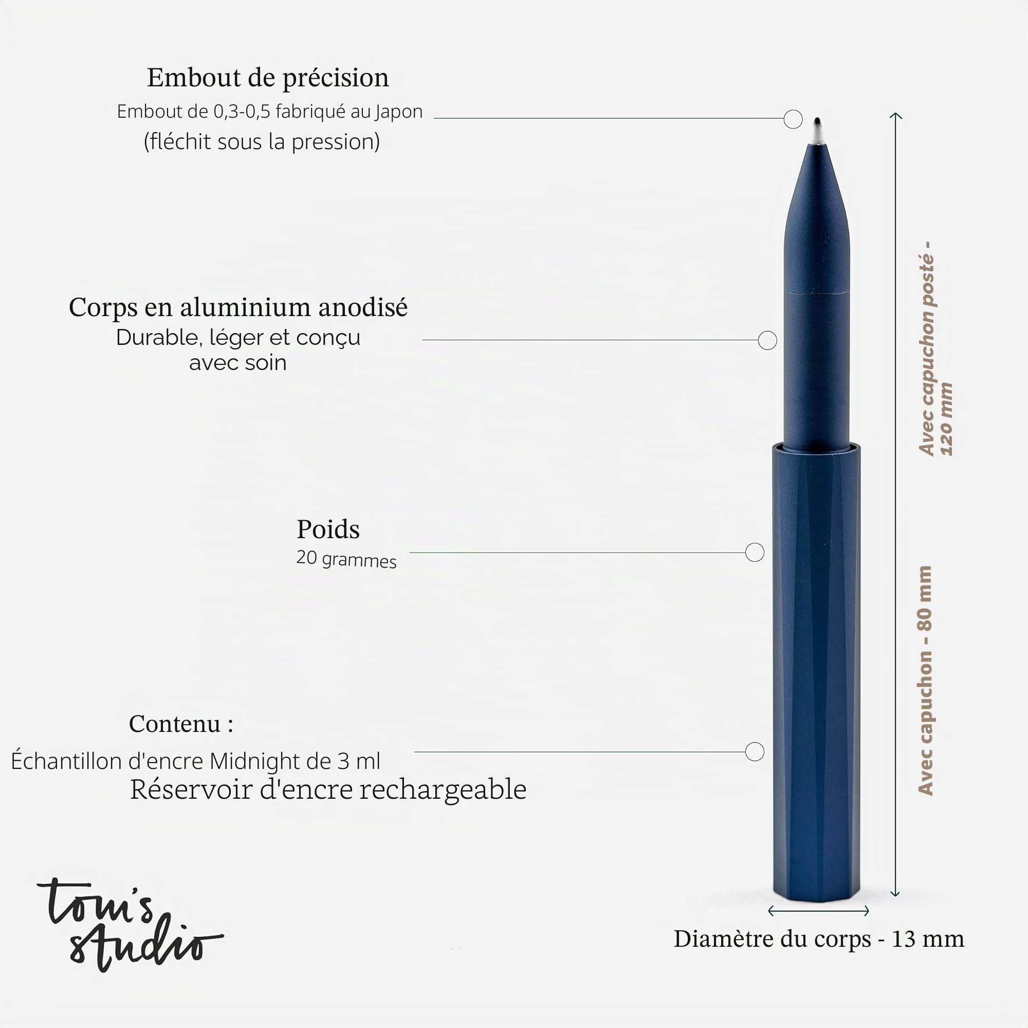 Tom's Studio The Wren – Stylo d'écriture rechargeable quotidien (minuit) | Pointe japonaise (0,3–0,5 mm) | Aluminium anodisé | Comprend un réservoir d'encre et 3 ml d'encre minuit | Cadeau compact