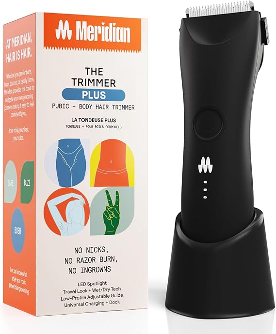 MERIDIAN The Trimmer Plus - Body Hair Trimmer & Waterproof Electric Shaver for Men and Women for Pubic Hair, Chest, Legs & Bikini Line, UBS-C Cable & Charging Dock Included, Onyx