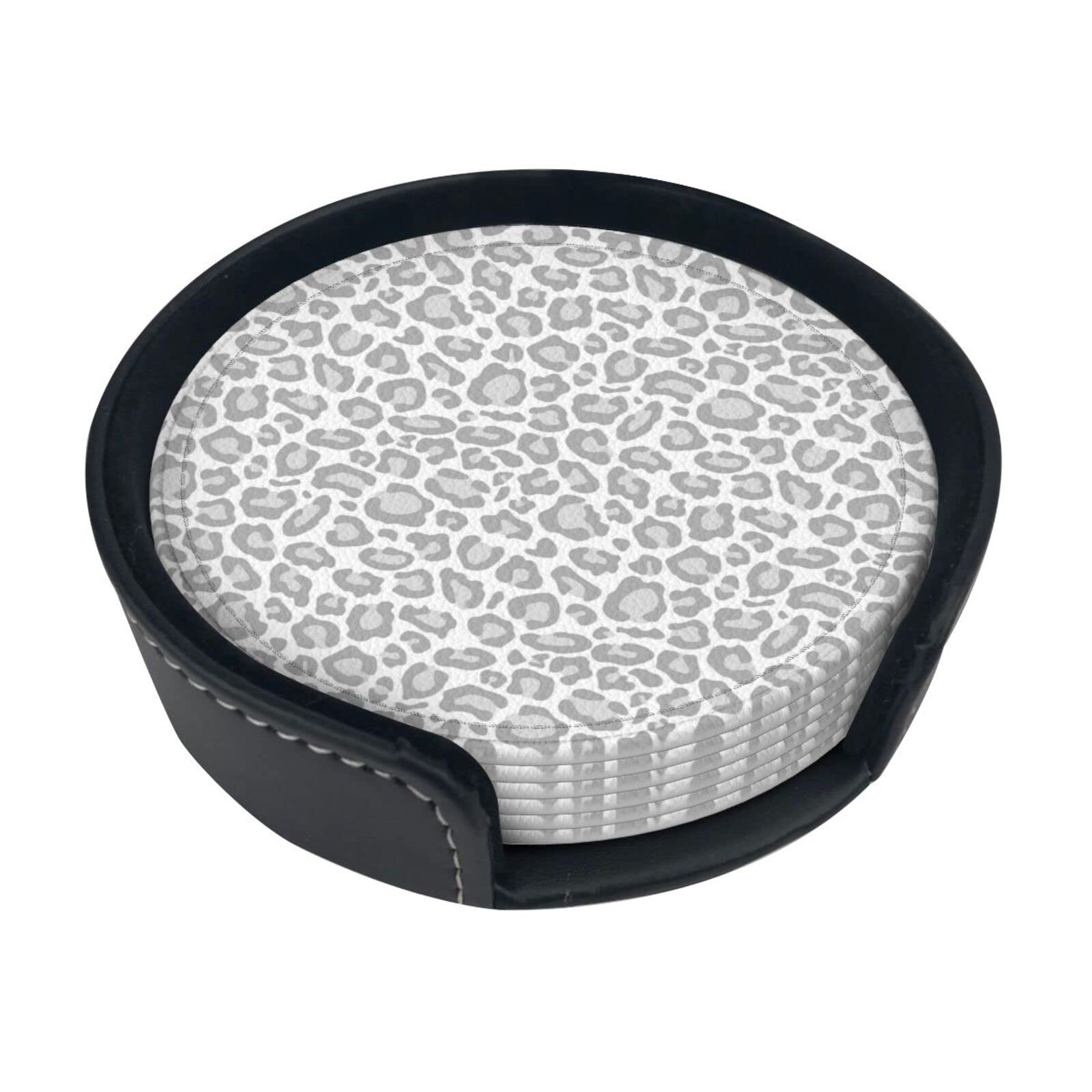 Round Coasters, Grey White Leopard Print,Mugs Pad Cups Mat Set of 6 Leather Drinks Coasters with Holder