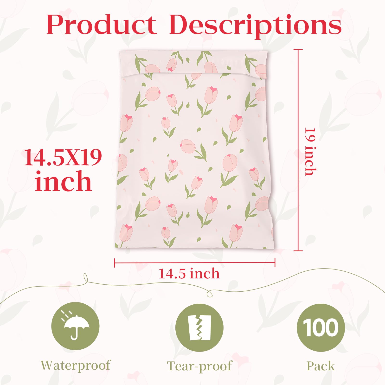 KKBESTPACK Lot de 100 enveloppes en polyéthylène à motif de tulipes roses, 36,5 x 48,3 cm, imperméables et résistantes aux déchirures pour fournitures d'emballage de petites entreprises