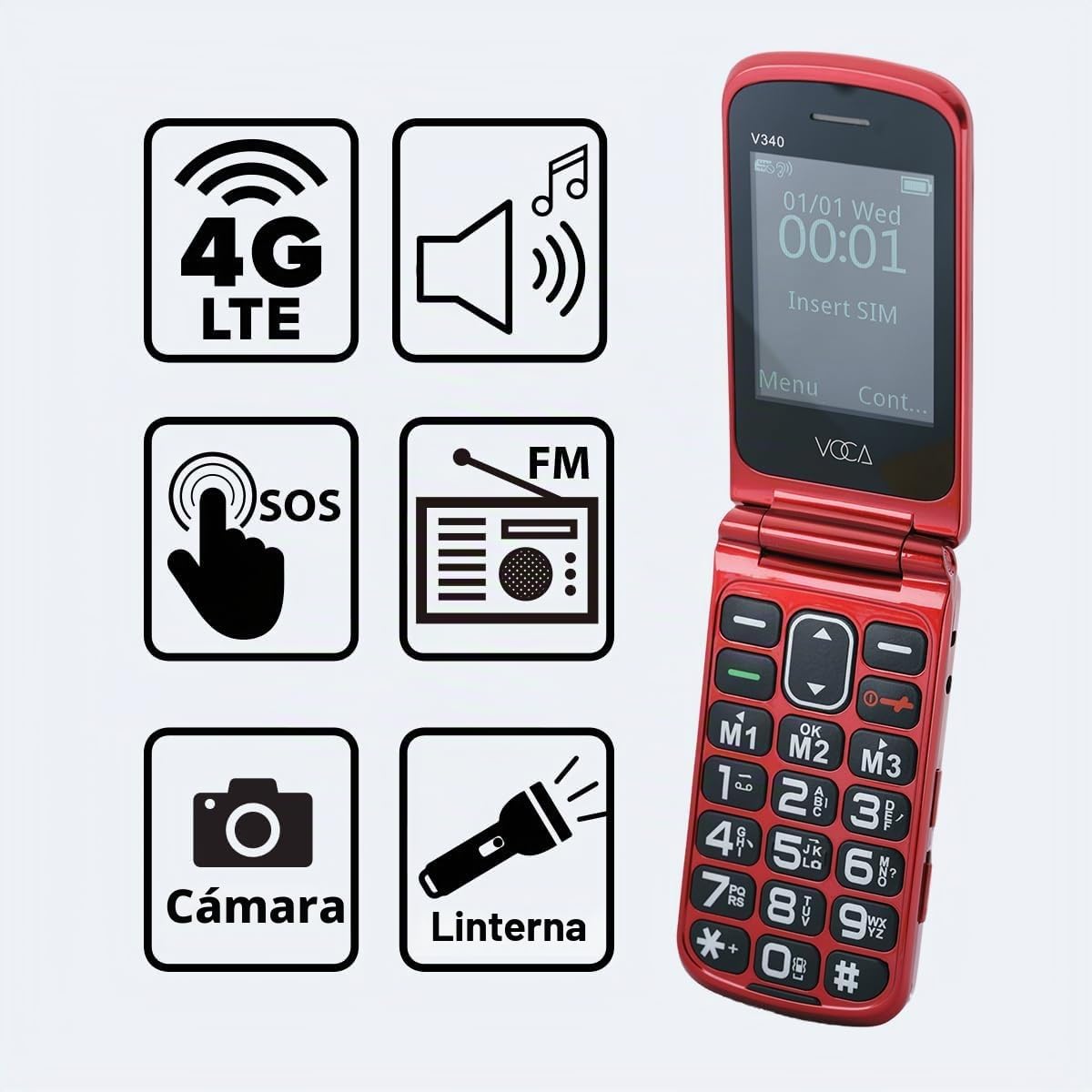 Teléfono plegable VOCA con botones grandes para personas mayores | 4G LTE libre | Volumen alto | Botón SOS | Marcación rápida | Texto predictivo | Base de carga | V340 (Rojo)