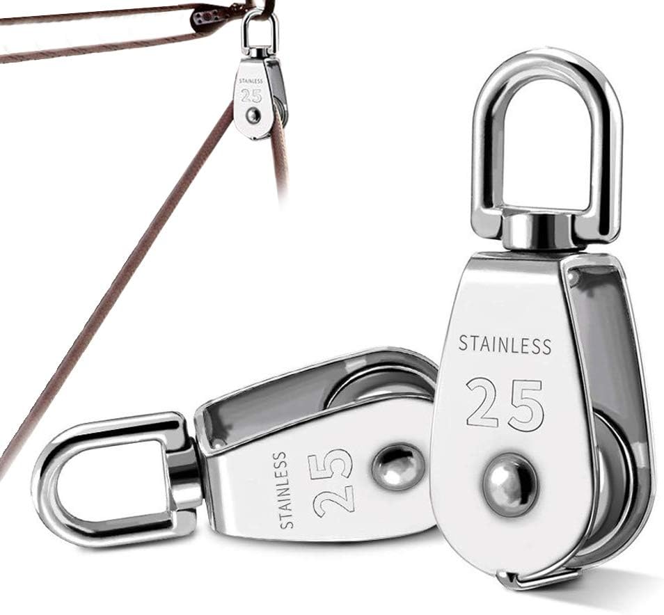 2 Pack M25 Single Pulley Block, 304 Stainless Steel Pulley Roller 360 Degrees Swivel Pulley for Washing line Ropes - Safe Loading up to 150KG