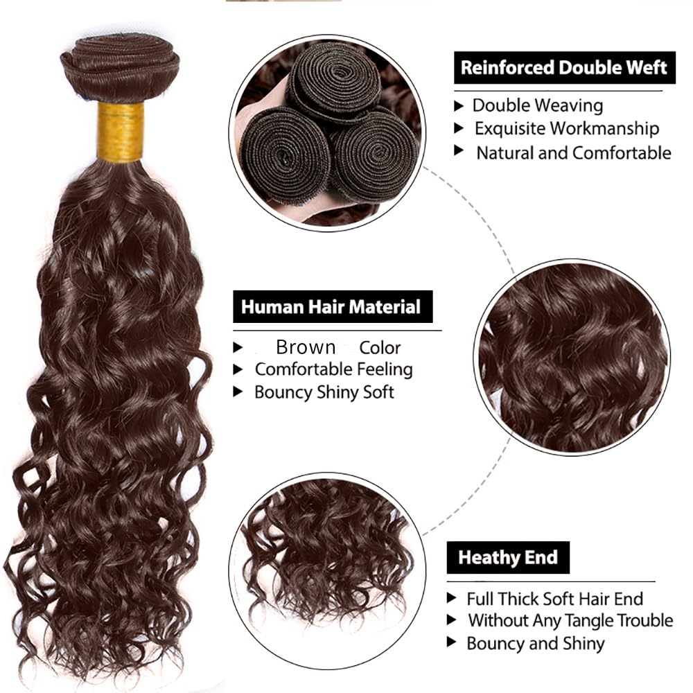 Hxxcoup 30 32 34 Inch Water Wave #4 Chocolate Brown Human Hair Bundles Weave 3 Bundles Total 300g Unprocessed Virgin Double Weft Human Hair Extension Brown Color - Image 3