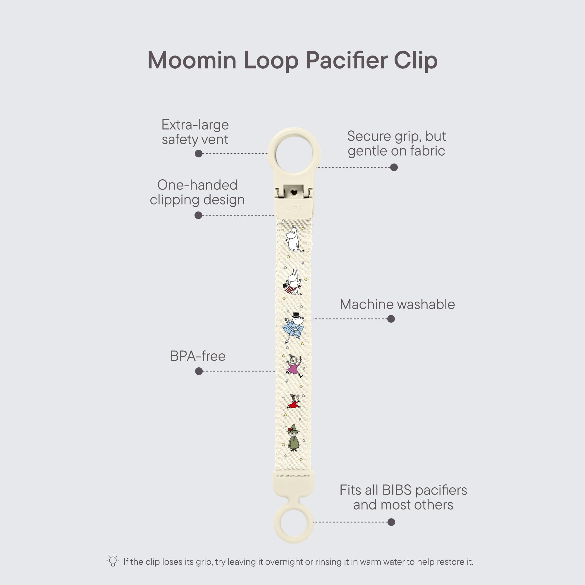 Klips do smoczka BIBS x Moomins Loop – elegancki, bezpieczny w obsłudze jedną ręką, pasuje do wszystkich smoczków BIBS i większości marek, można prać w pralce, wiek: 0+ - Ivory