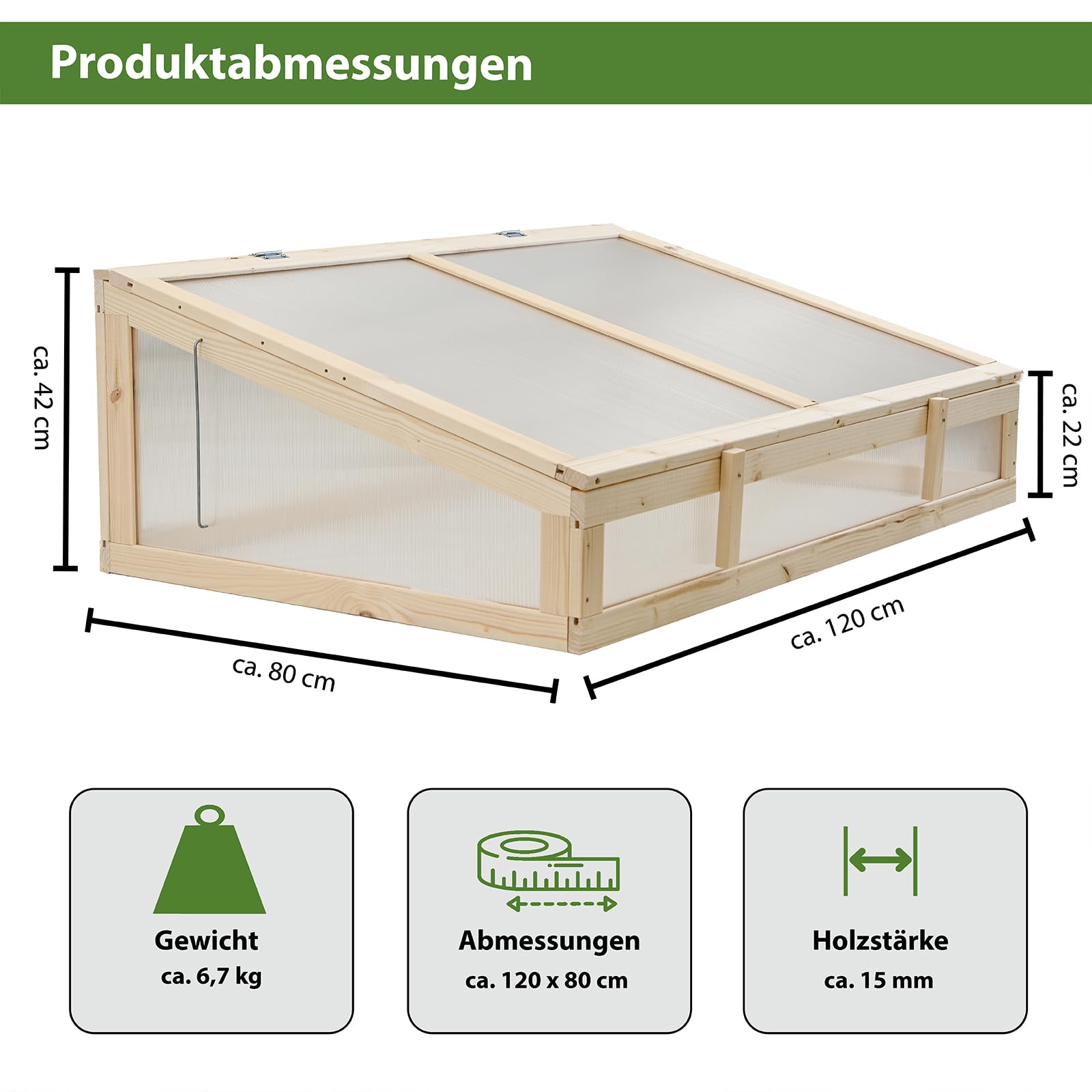 TRUTZHOLM Frühbeetaufsatz aus Massivholz 120x80x40 cm Frühbeetkasten mit verschließbarem Deckel Gewächshaus für Hochbeet 120x80 cm Beete Mini Gewächshaus Pflanzkasten (Natur)