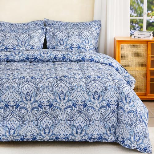 Image of lasoftan Floral Queen Comforter Set with Sheets, 7 piece Luxury Vintage Bedding, Soft Microfiber Bed in a Bag, Cozy Lightweight Bed Set, Blue Paisley