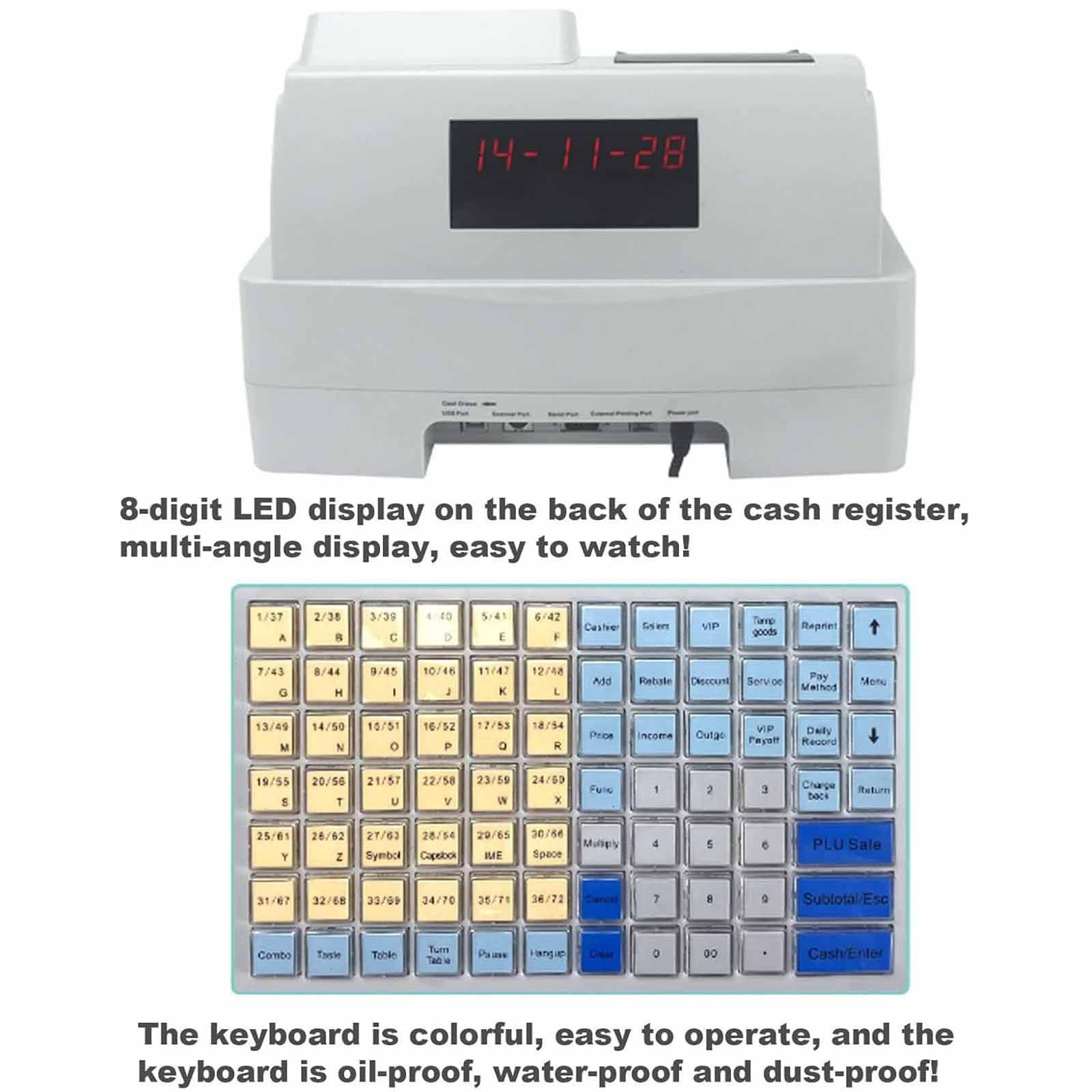 Registratore di cassa a 81 tasti, registratore di cassa elettronico per piccole imprese, registratore di cassa commerciale a 8 LED digitali con cassetto, uso per negozi/ristoranti