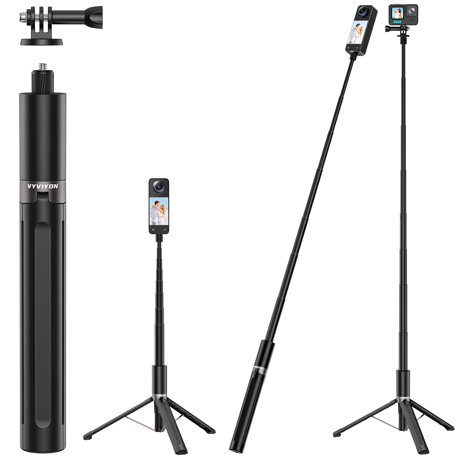 Trépied Invisible pour Perche à Selfie VYVIYON 65 Pouces, Monopode Extensible 2 en 1 pour Insta360 X5 X4ONE X2, poignée pour Perche à Selfie avec Adaptateur pour caméra d'action 1/4 Pouce pour GoPro