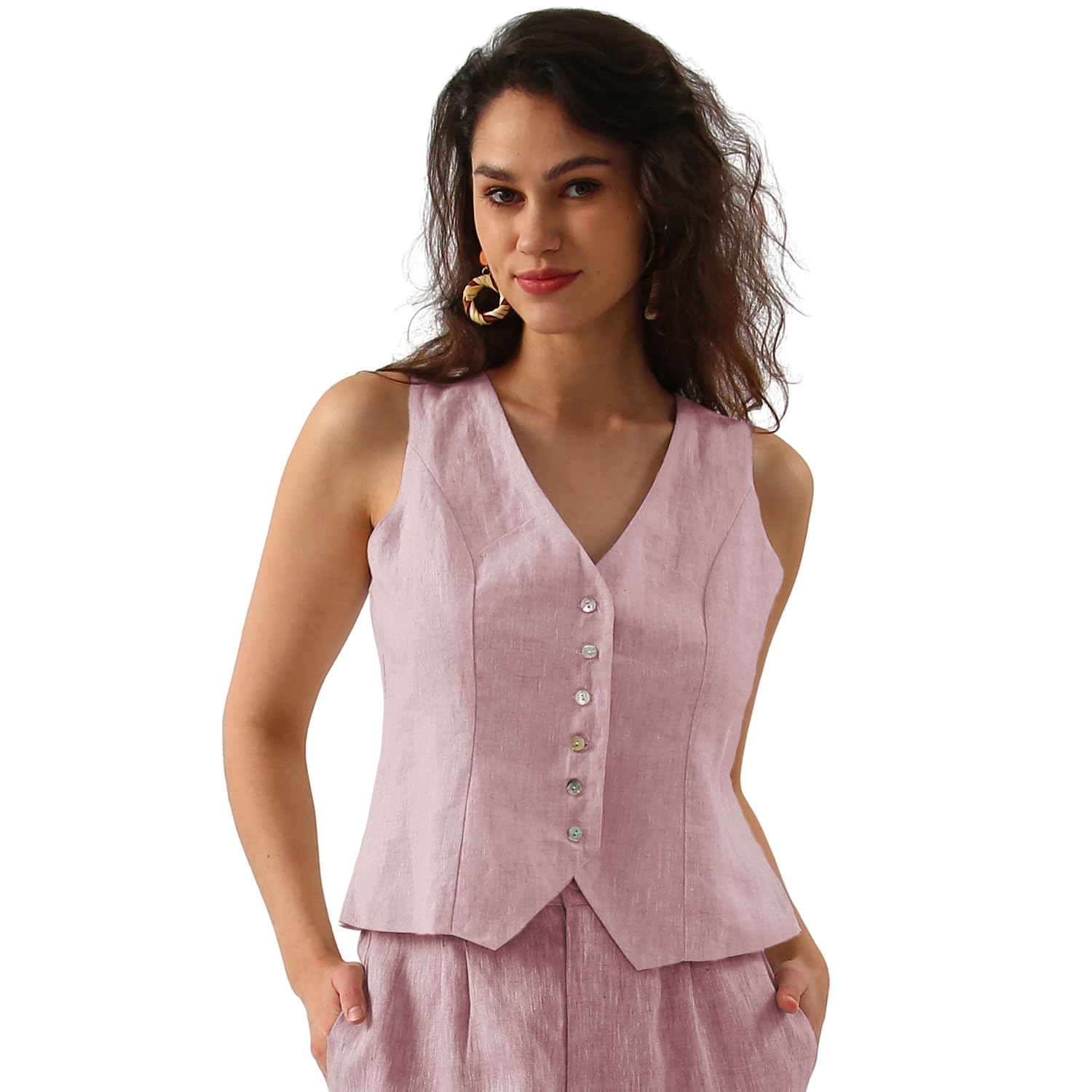 Amazhiyu Chaleco de lino puro para mujer, sin mangas, con botones, cuello en V, chaleco de verano, chaleco con correa ajustable
