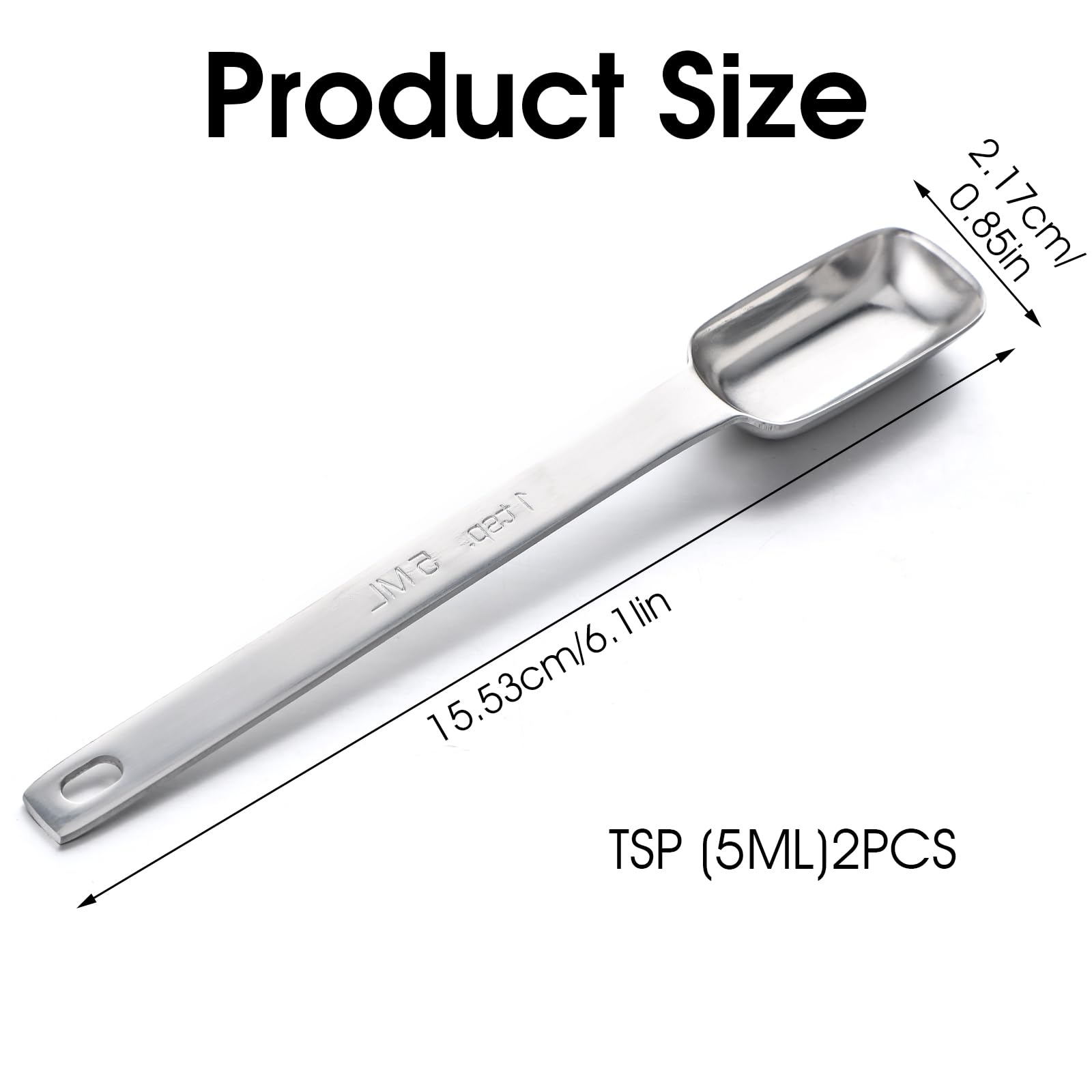 2PCS Teaspoon Scoop Stainless Steel 1 Teaspoon Single Measuring Spoons Set, Rectangular Individual Spoons with Long Handles, For Cooking & Baking (1 Tsp | 1/3 Tbsp | 5 Ml | 5 Cc | 1/6 Oz)