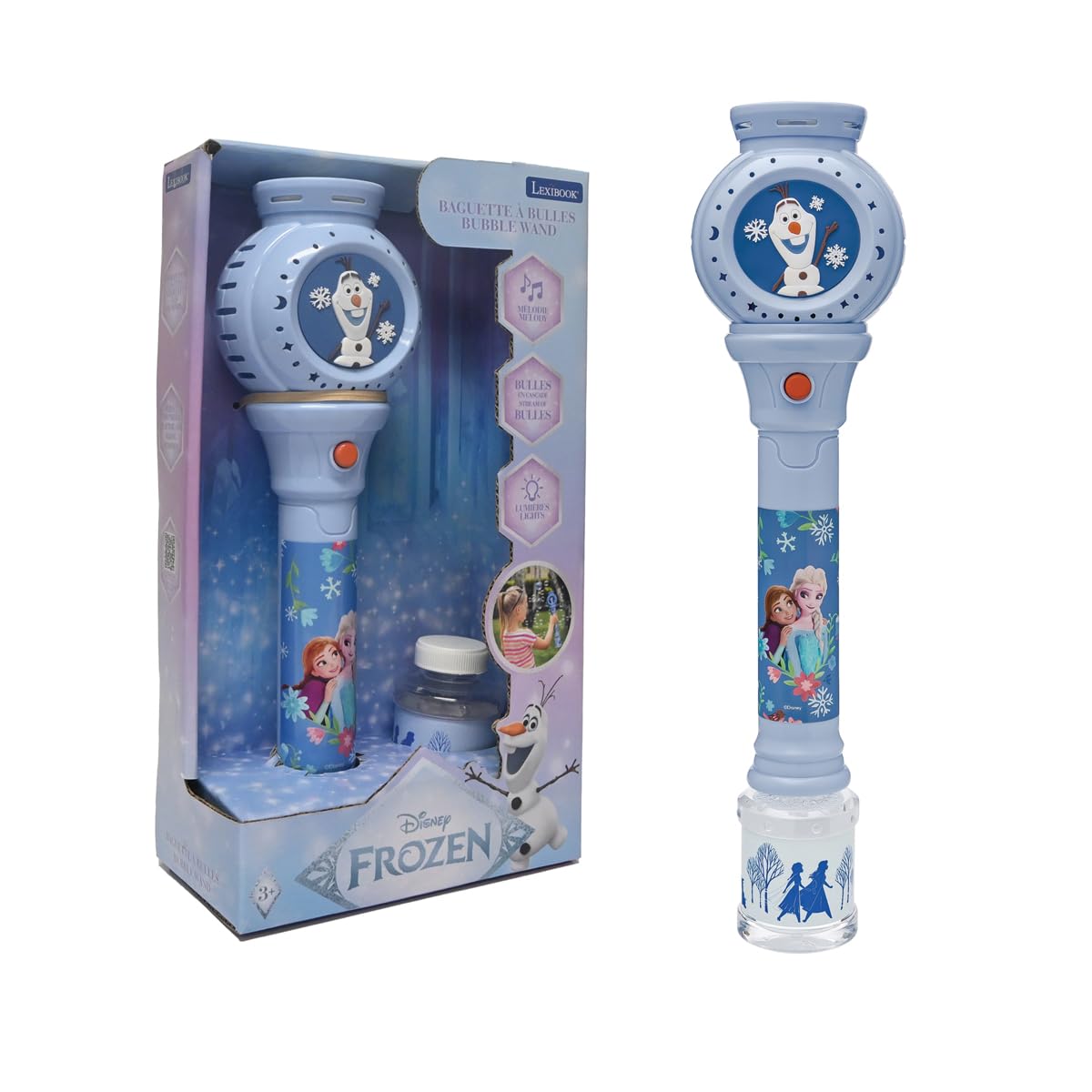 Lexibook, Disney Frozen - Olaf, Bubble Wand with Light and Sound Effects, 3D Silicone Character Design, Continuous Trigger, LED Lights, Easy to Use for Kids, Blue, PRB10FZLXB