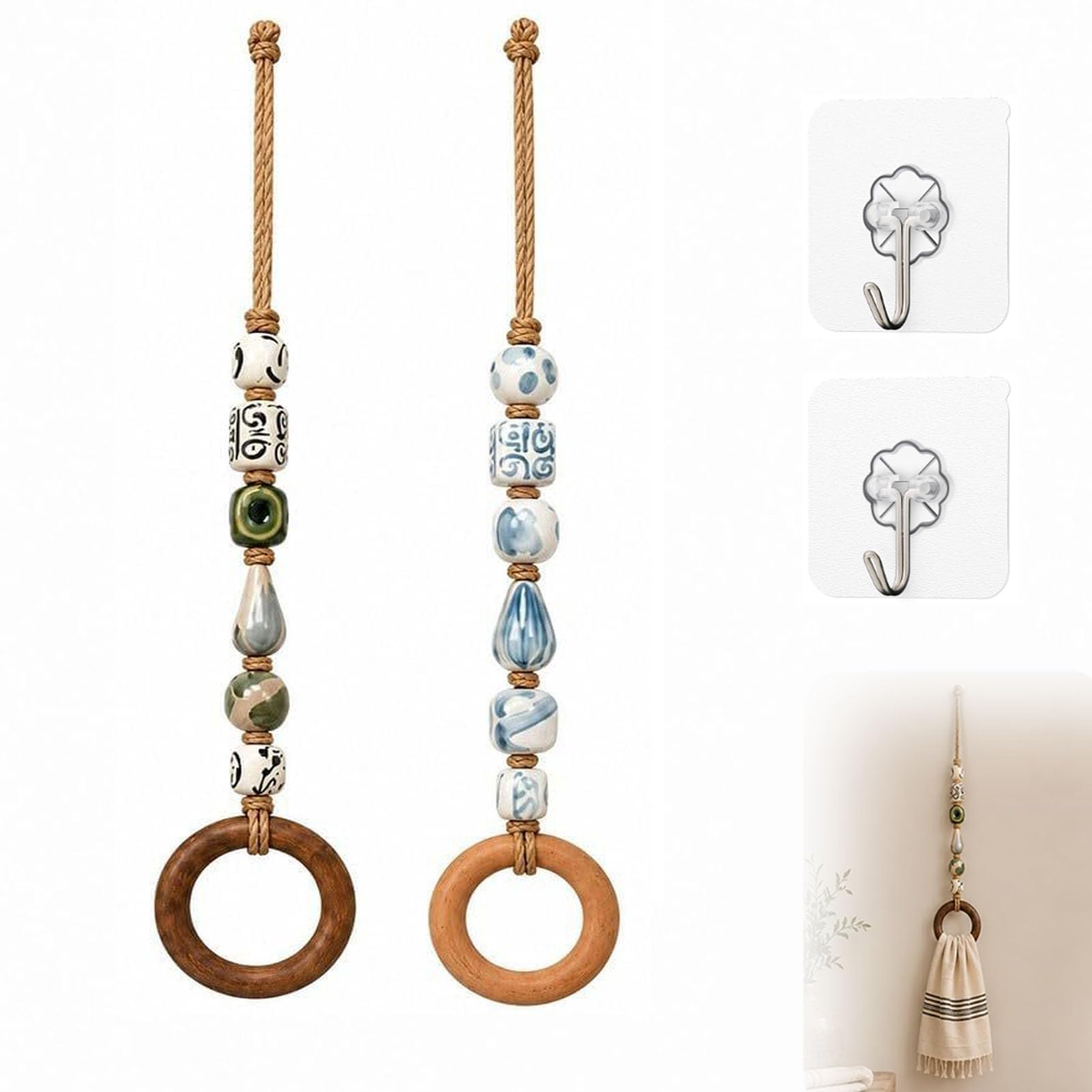 Portasciugamani decorativo con perline e anello in legno (2PC-B)