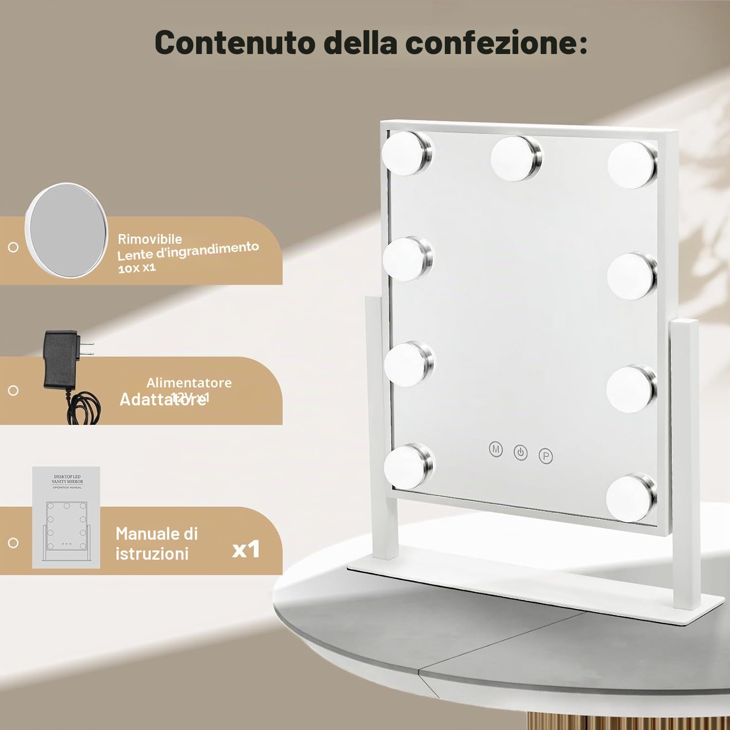 Specchio di trucco hollywoodiano con 9 lampadine LED, 3 modalità di illuminazione, schermo tattile, rotazione di 360 gradi