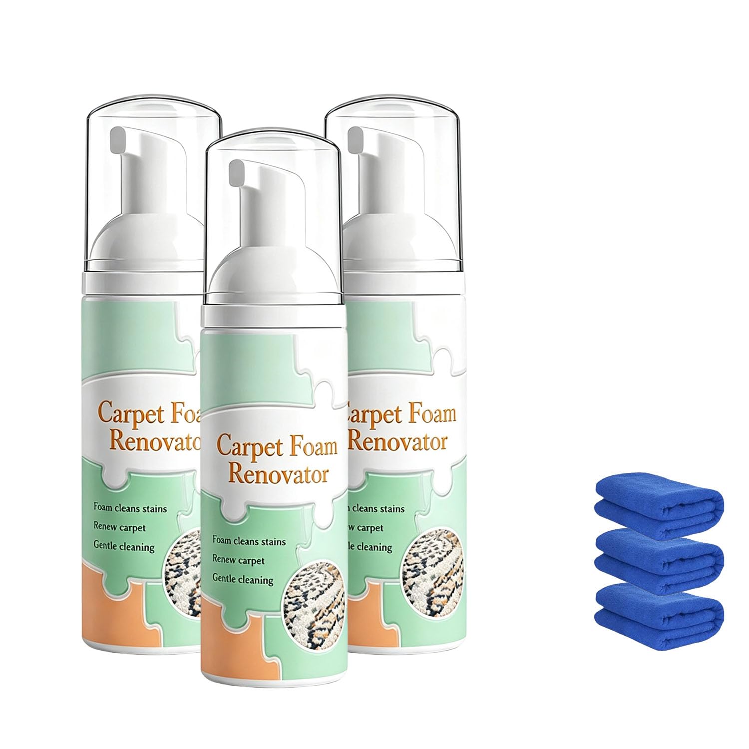Waterless Carpet Foam Stain Remover, Teppichschaum-Renovator, Trockenreinigungs-Schaumreiniger mit Reinigungstuch, Fleckenentferner für Teppiche, Teppiche, Polster- und Stoffoberflächen (100ml*3PCS)