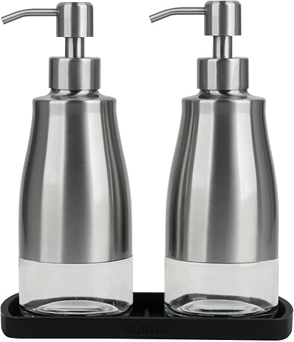 Juego de dispensador de jabón de cocina con bandeja de silicona, níquel cepillado, dispensador de jabón de vidrio de acero inoxidable, decoración