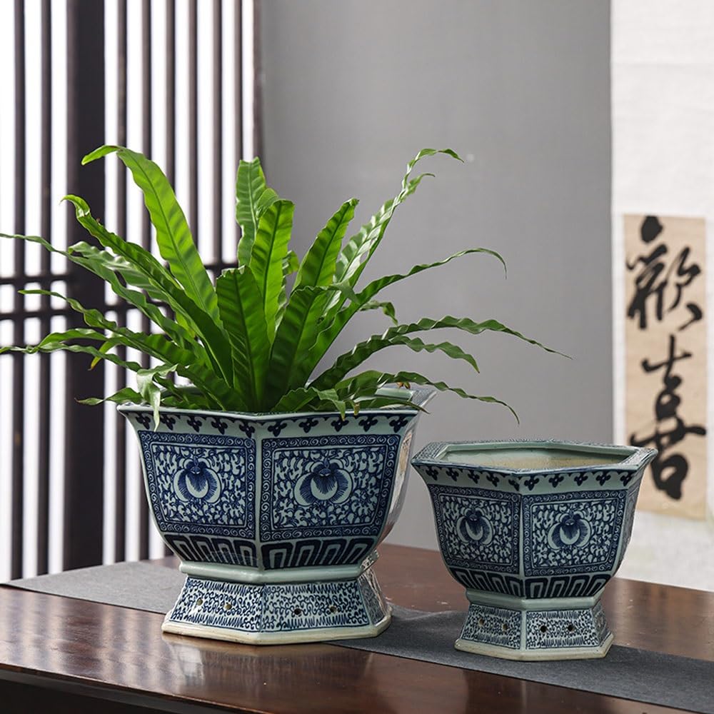 Niebiesko-biała porcelanowa doniczka, duża sześciokątna chińska ceramiczna doniczka, ręcznie malowana z tradycyjnym wzorem kwiatowym, doniczki do użytku wewnątrz i na zewnątrz (22,5 cm)