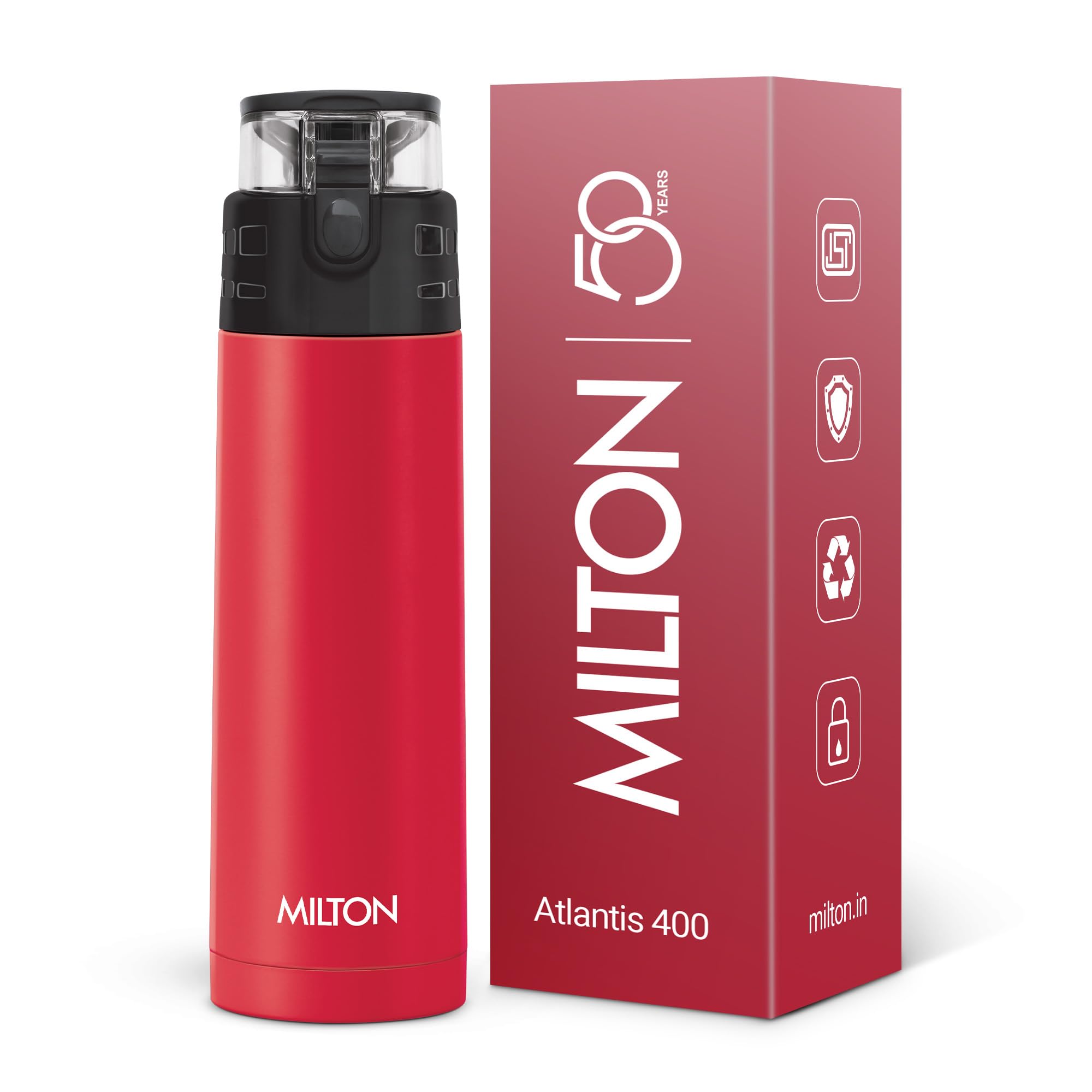 Milton Atlantis 400 Thermosteel Water Bottle 350 ml, 24 Hr Hot and Cold I Leak Proof Lid, ISI Certified I Vacuum Insulated I for Office, Gym, School I Red