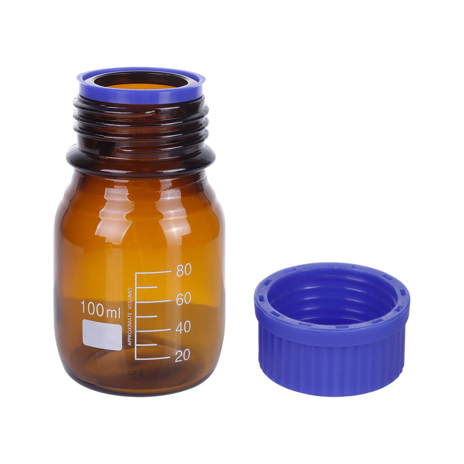 Paquete de 20 botellas de vidrio de borosilicato ámbar de 100 ml graduadas redondas de reactivo de laboratorio/botella de almacenamiento con tapón de rosca azul GL45