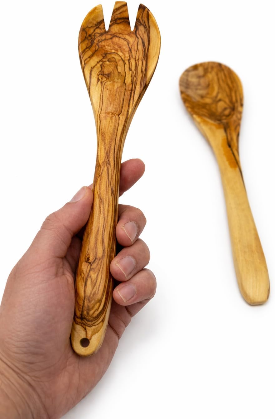 Zuluf Olive Wood Salad Servers Set – 10 Inch Wooden Serving Spoon and Fork, Handcrafted Natural Kitchen Utensils for Salad Pasta Mixing, Smooth Durable Finish, Rustic Olive Wood Gift Set