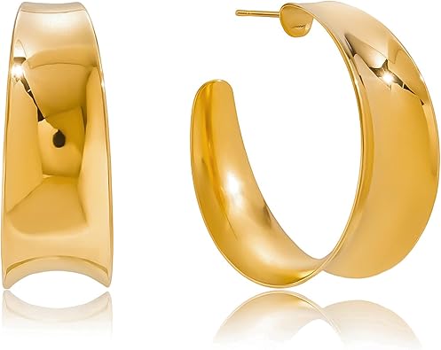Gold Chunky Hoop Earrings for Women, Wide Statement Open Hoops, Lightweight Polished Big Circle Earrings Jewelry