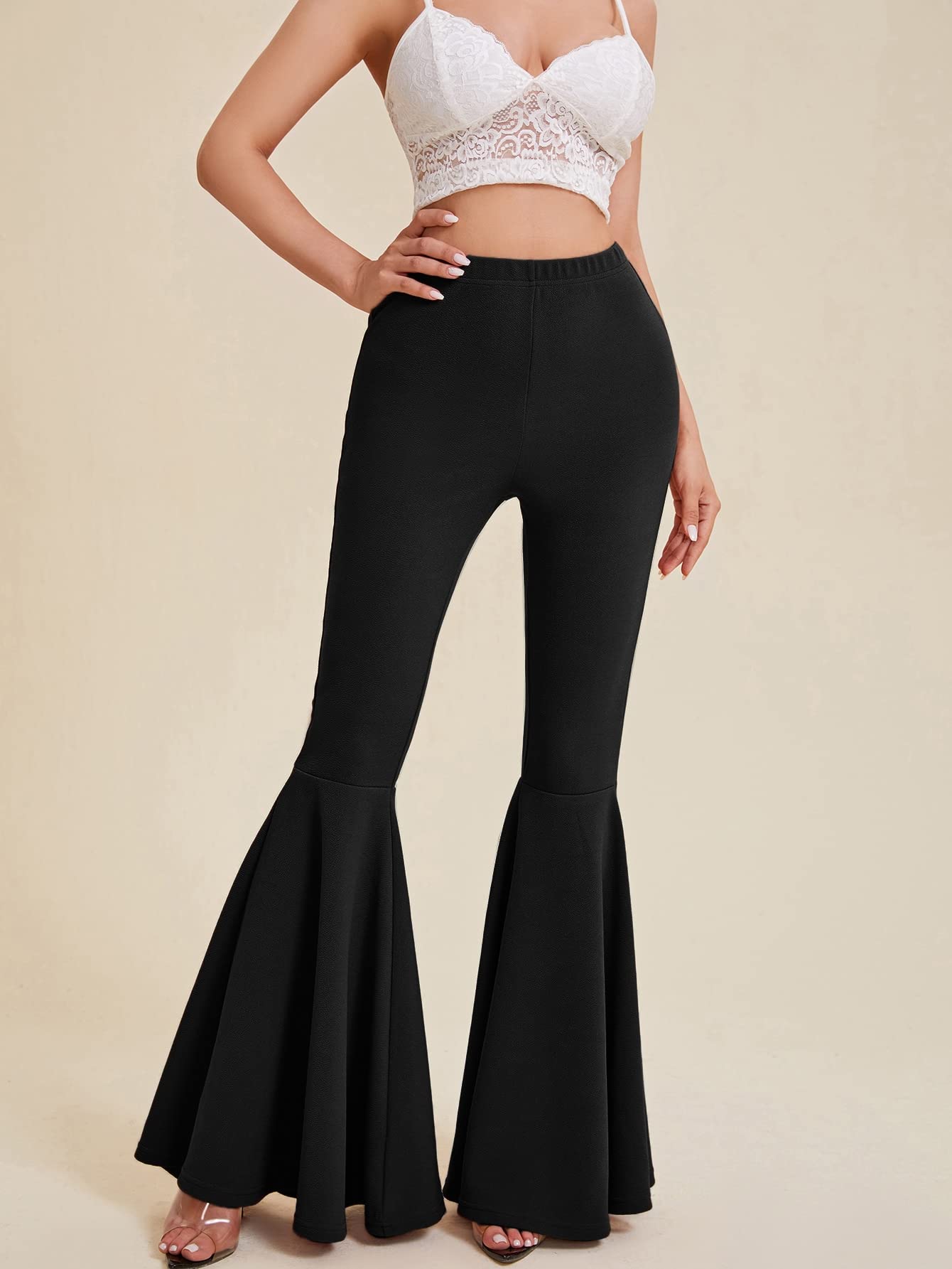 JUCIORI Pants for Women - Solid Elastic Waist Flare Leg Pants Color Black Size Small