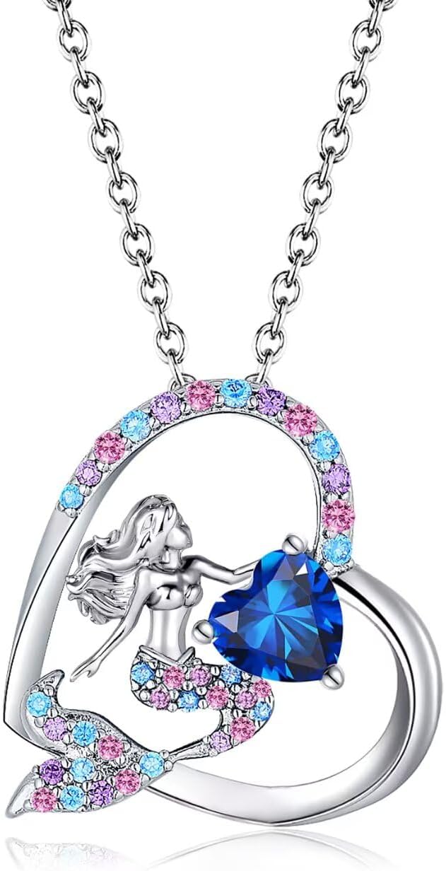 Mermaid Birthstone Necklace for Kids Girls Heart Mermaid Tail Beaded Necklace Gifts Birthday Jewelry for Little Teens Girls Daughter Granddaughter Niece