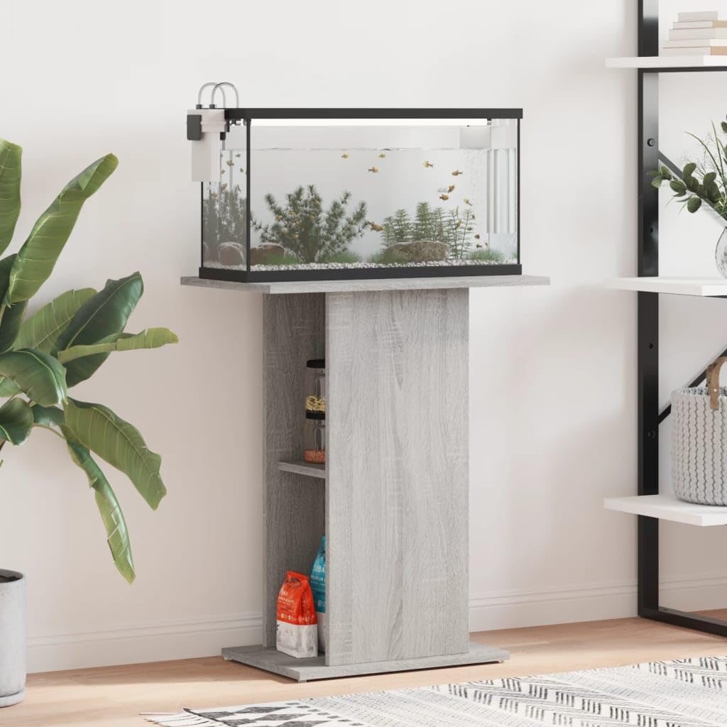 GeenYuu Aquarium Stand Grey Sonoma Wood Material 60.5 x 36 x 72.5 cm Stable with Storage Space and Storage Compartment for Living Room Office Hallway as Furniture Base Holder