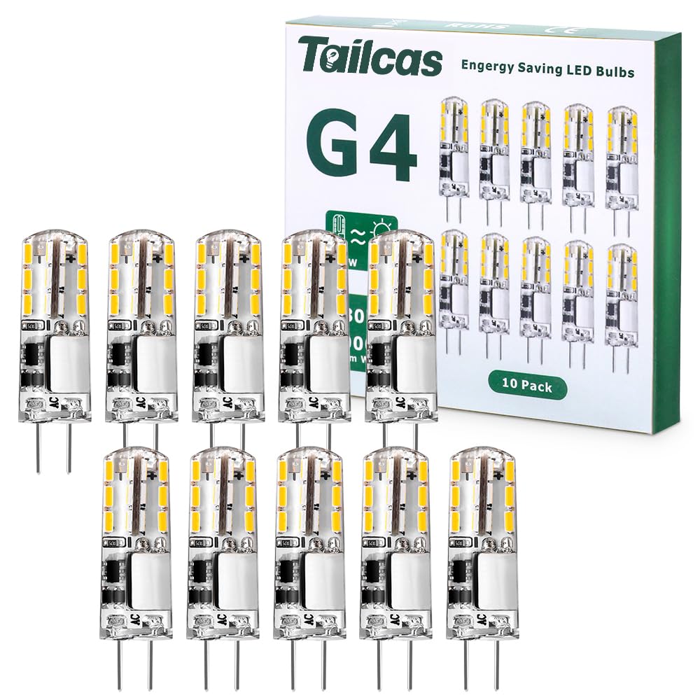Tailcas G4 LED Bulbs, 1.5W 12V Mini Capsule Light Bulb AC/DC (20W Halogen G4 Lamp Equivalent), Bi-Pin Base JC Type Non-dimmable for Lighting Decor, Chandelier Home 10Pack (Warm White) [Energy Class G]