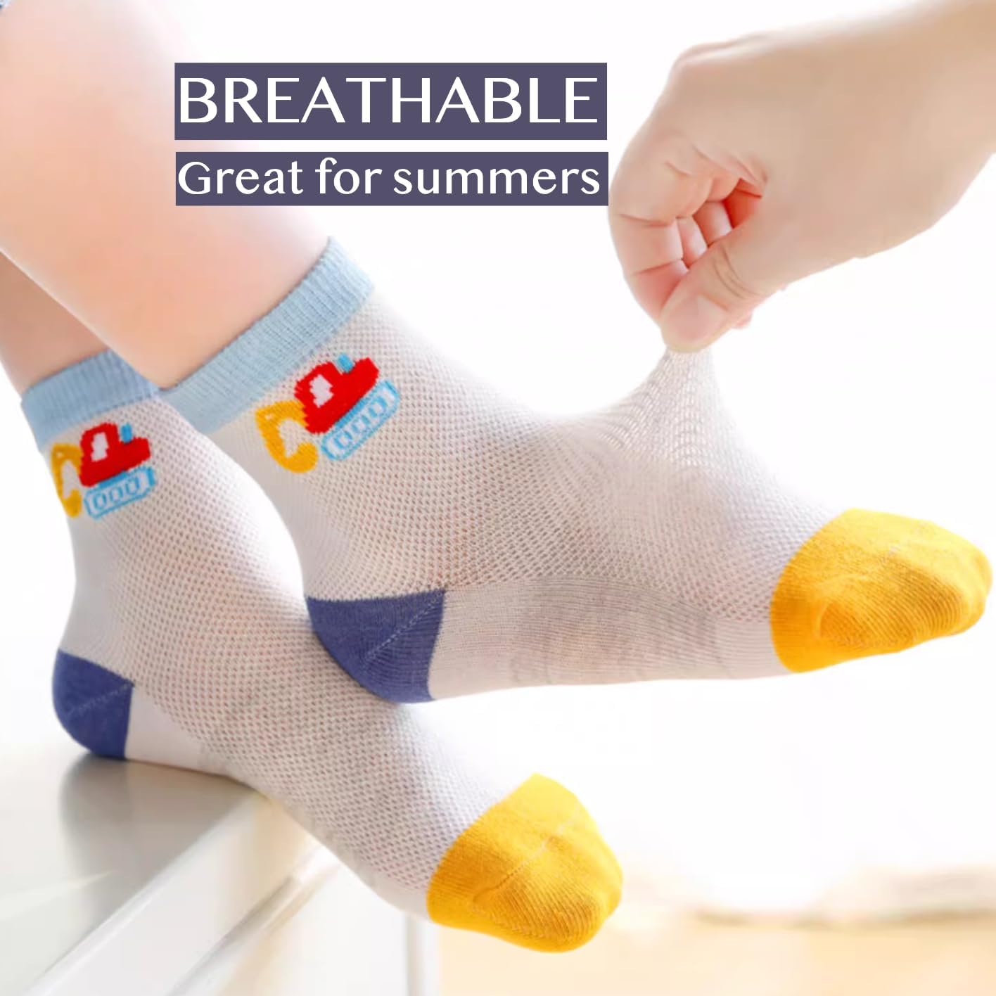 Summer Thin Cotton Short Socks Cartoon Car Crane Fashion for Kids, Mesh Ankle Socks for Boys and Girls Baby Crew Socks
