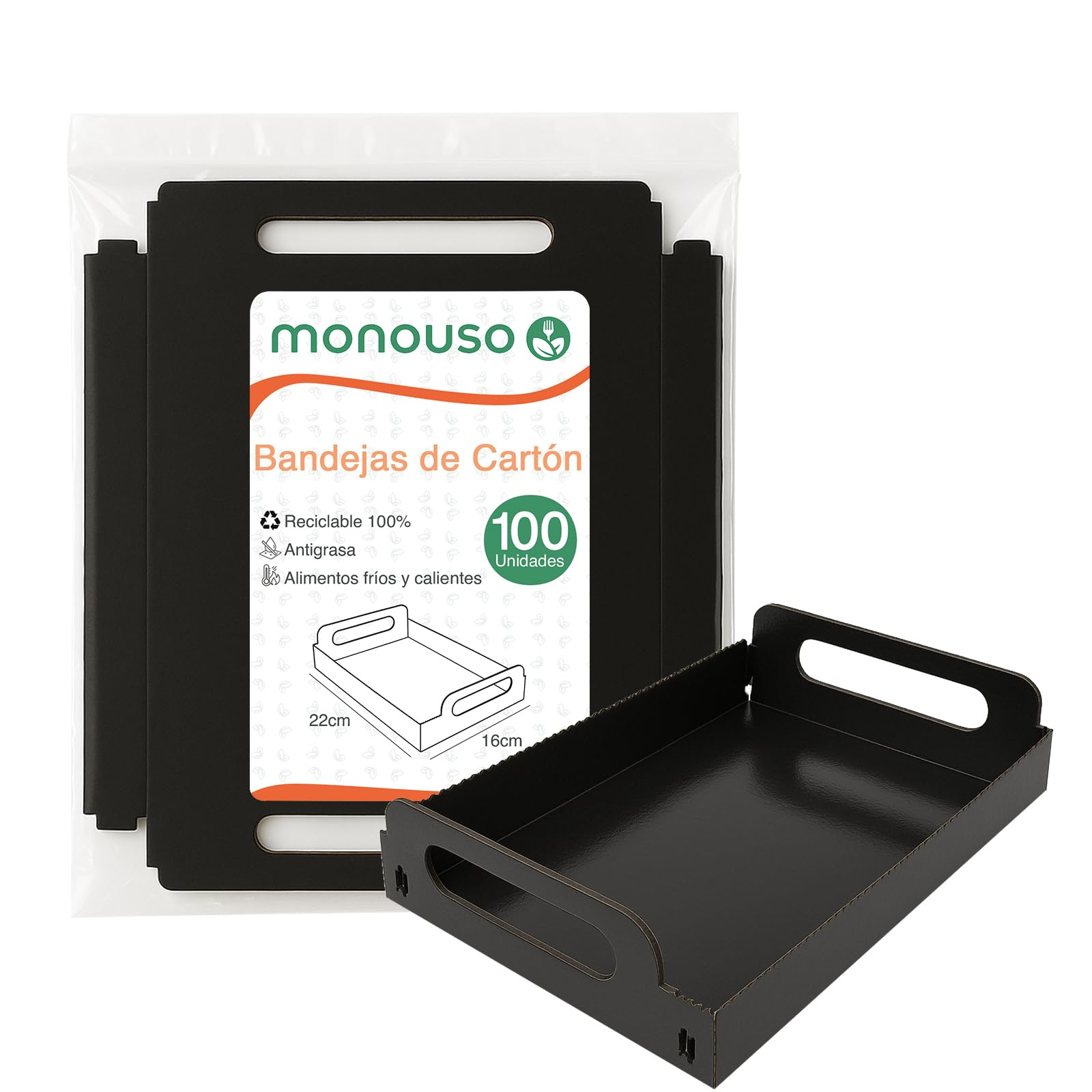 100 Bandejas de Cartón Rectangular con Asas, 16x23cm, Color Negro, Bandeja para Aperitivos, Canapés, Compostables, Reciclable, Ecológica