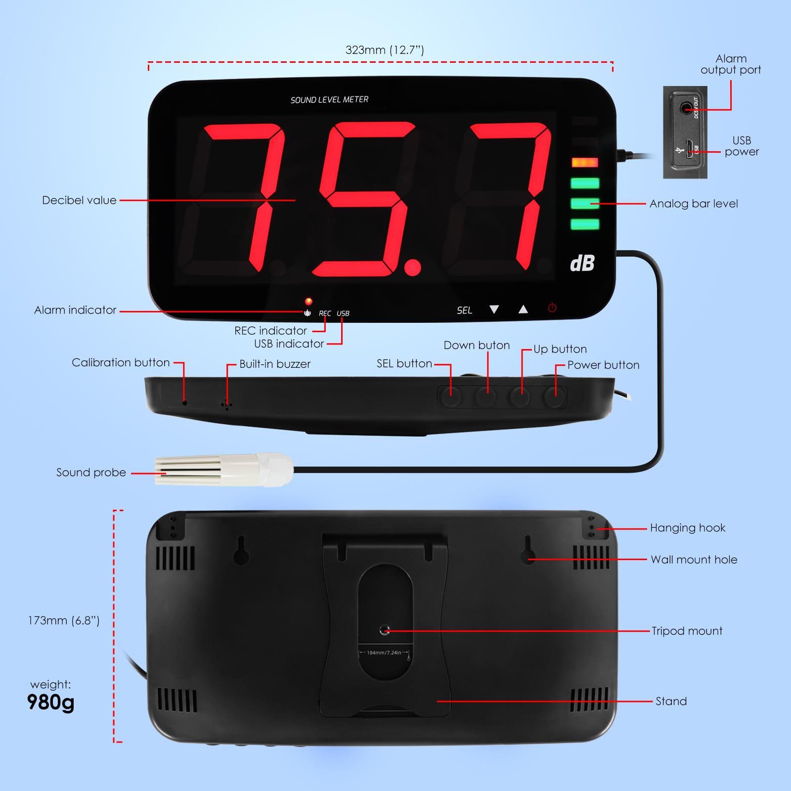 Medidor de Nivel de Sonido Digital de 30 a 130 dB, Medidor de Decibelios para Medir Ruidos, Pantalla Ancha HD de 13 Pulgadas Montada en la Pared con Función de Registro de Datos y Alarma de Ruido