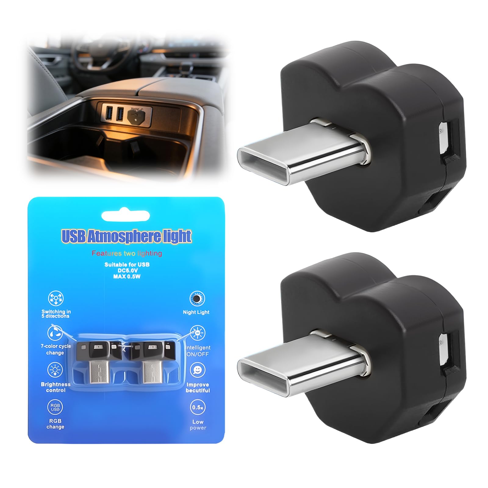 2 SZT. Światło typu C z 5-krotnie Regulowalnym Kierunkiem Światła Typu C USB Oświetlenie Atmosferyczne USB C LED Światło Do Samochodu z 8 Kolorami RGB i Trybem Stałym lub Automatycznym dla Samochodu
