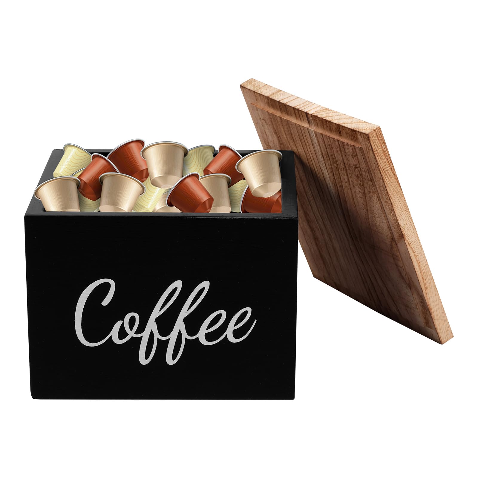 Ghshanog Black Coffee Pod Organizer,Wooden Pod Storage Holder With Lid,14X14x11cm Kitchen Cabinets Organiser Basket Coffee Bar Accessories For Espresso Capsules, Tea Bag, Sweetener, Snack, Condiments Packet(Black)