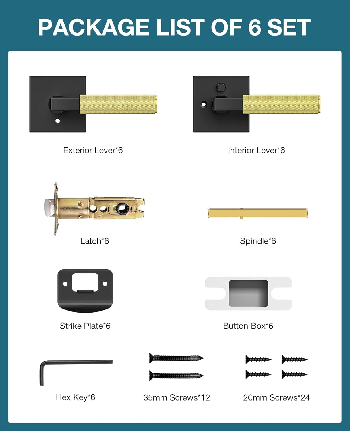 Black and Gold Door Handle, Black and Gold Door Locks for Bedroom or Bathroom, Heavy Duty Door Handles Interior with Locks for Left & Right Handed Doors, 6 Pack