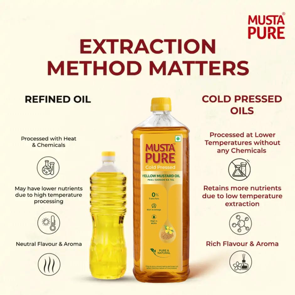 Image of Musta Pure Cold Pressed Yellow Mustard Oil 1 Litre Cooking Oil, Unrefined, Naturally Cholesterol Free, A1 Grade Real Mustard Seeds For Natural Aroma & Flavour For Roasting, Frying, Baking - PET Bottle